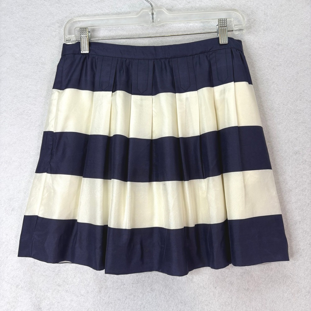 Y2K J.Crew Silk Pleated Striped Navy Cream Mini Skirt Womens 6 Nautical Preppy